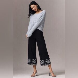 Maison D’Amelie Wide-Leg High-Rise Embroidered Hem Black Linen Ankle Pants